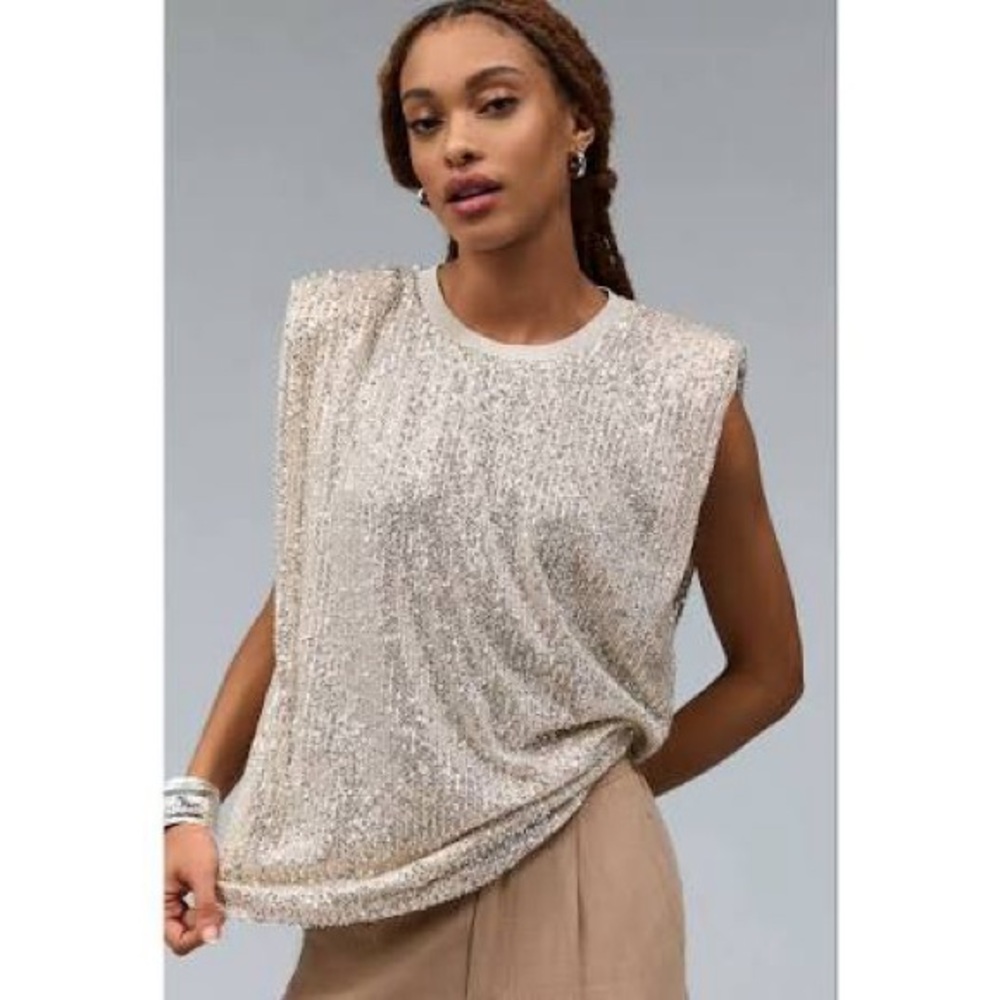 Anthropologie Endless rose Sleeveless Sequin Top cream silver size small NWT